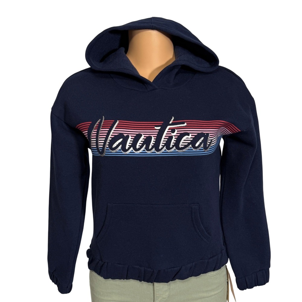 Nautica Girls Navy Blue Fleece Hoodie Retro Stripe Glitter Logo Size M 8/10